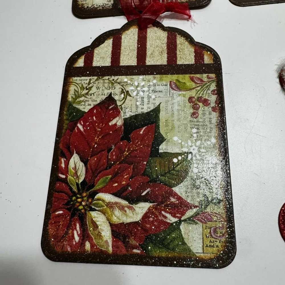 Lot Of 12 Vtg Style Retro Reindeer Gift Christmas Tree Tin Ornaments Poinsettia